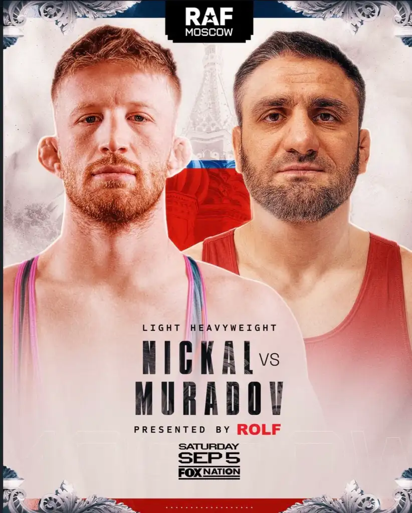 Promotional poster for a light heavyweight fight: Nickal vs Muradov, presented by ROLF, with event date and Fox Nation branding included.