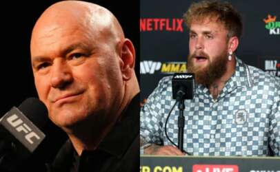 Two men at a press conference split into two halves: the left man is bald in a black shirt speaking into a UFC-branded microphone, the right man with a beard and checkered shirt sits at a microphone on a branded backdrop.