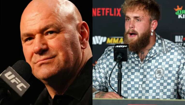 Two men at a press conference split into two halves: the left man is bald in a black shirt speaking into a UFC-branded microphone, the right man with a beard and checkered shirt sits at a microphone on a branded backdrop.