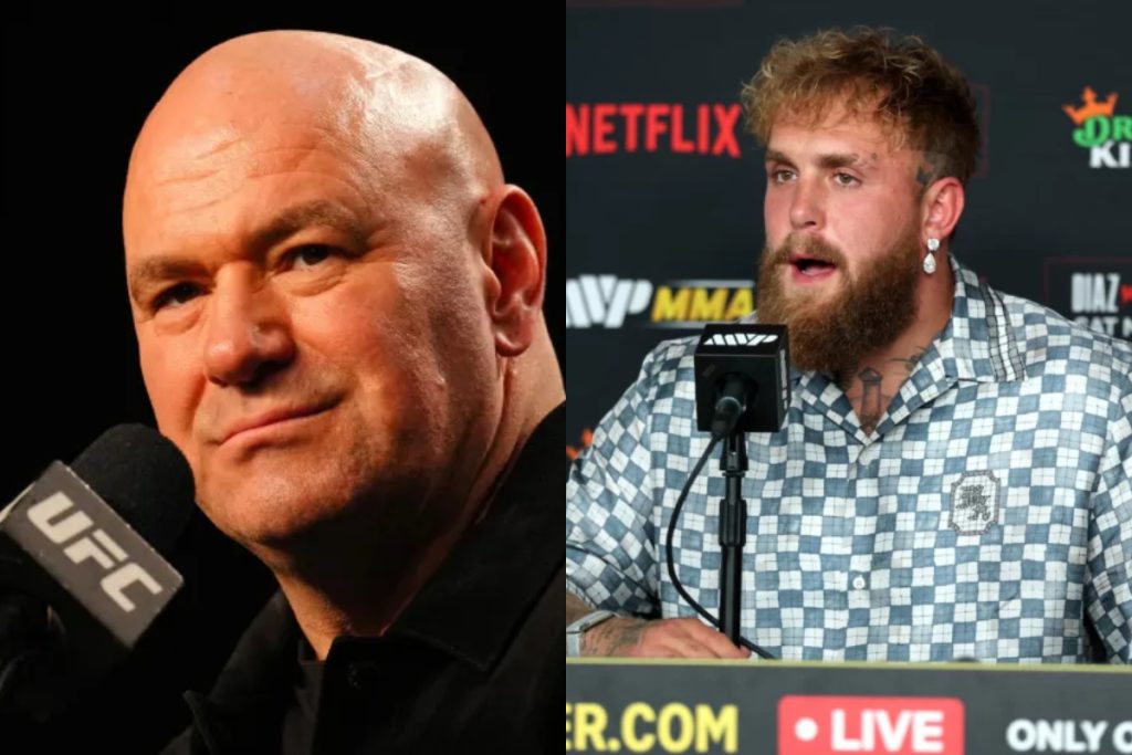 Two men at a press conference split into two halves: the left man is bald in a black shirt speaking into a UFC-branded microphone, the right man with a beard and checkered shirt sits at a microphone on a branded backdrop.