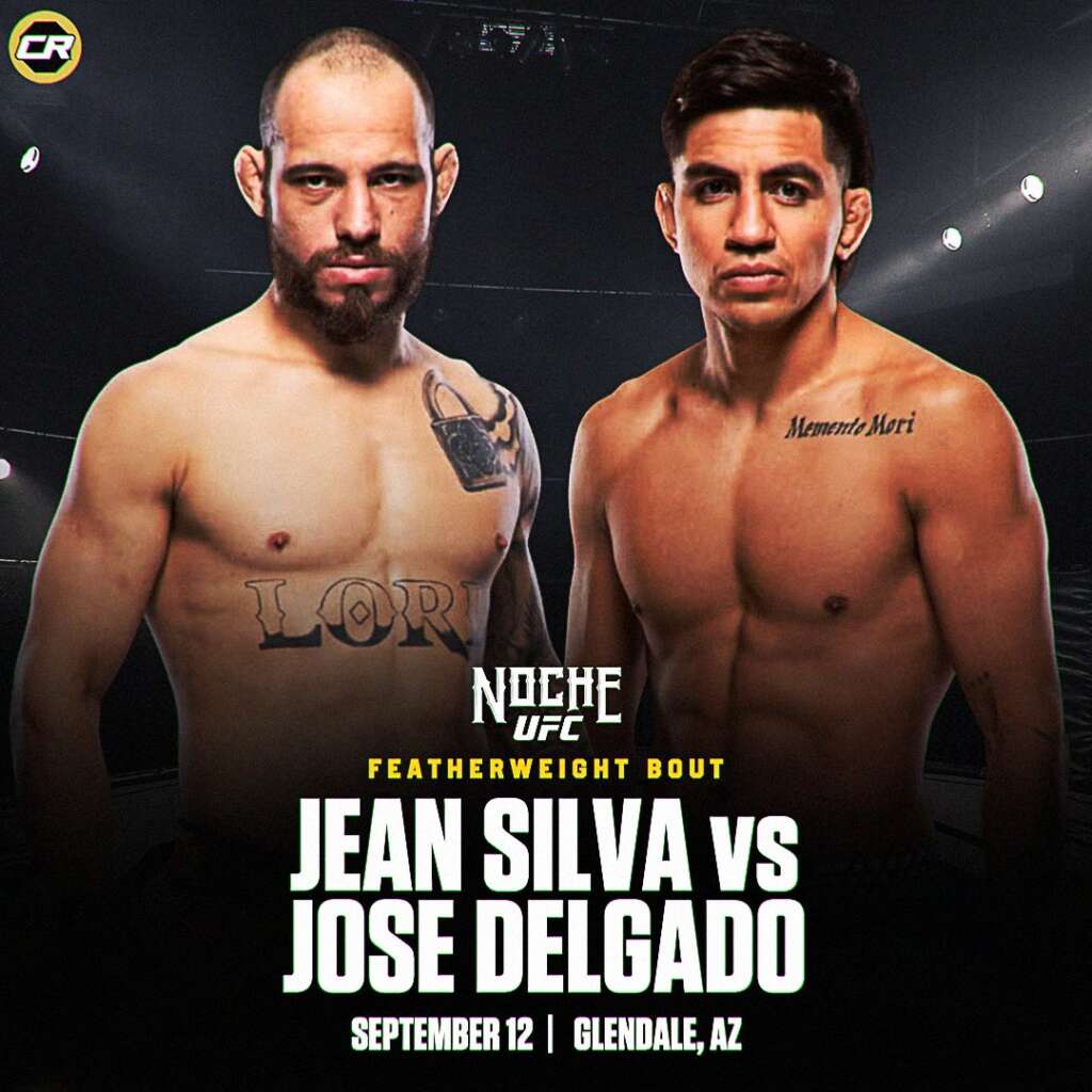 Promotional UFC poster for a featherweight bout showing two shirtless fighters in a dark arena, with bold event text and date (September 12, Glendale, AZ).