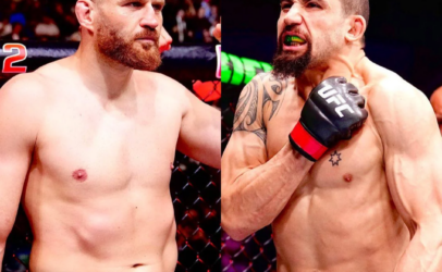 Split-screen image of two UFC fighters in the cage: left, bearded man in red shorts; right, muscular man with black shorts and green mouthguard, preparing to fight.