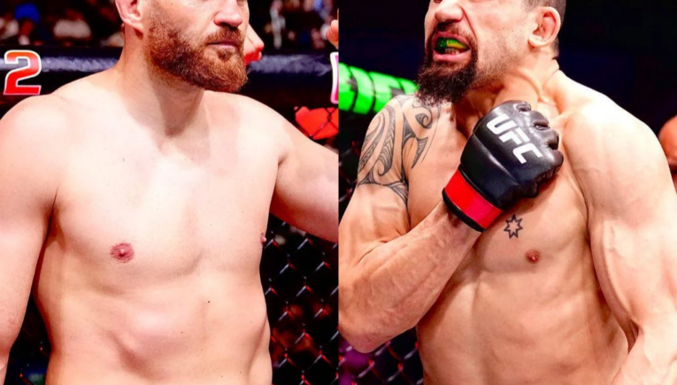 Split-screen image of two UFC fighters in the cage: left, bearded man in red shorts; right, muscular man with black shorts and green mouthguard, preparing to fight.