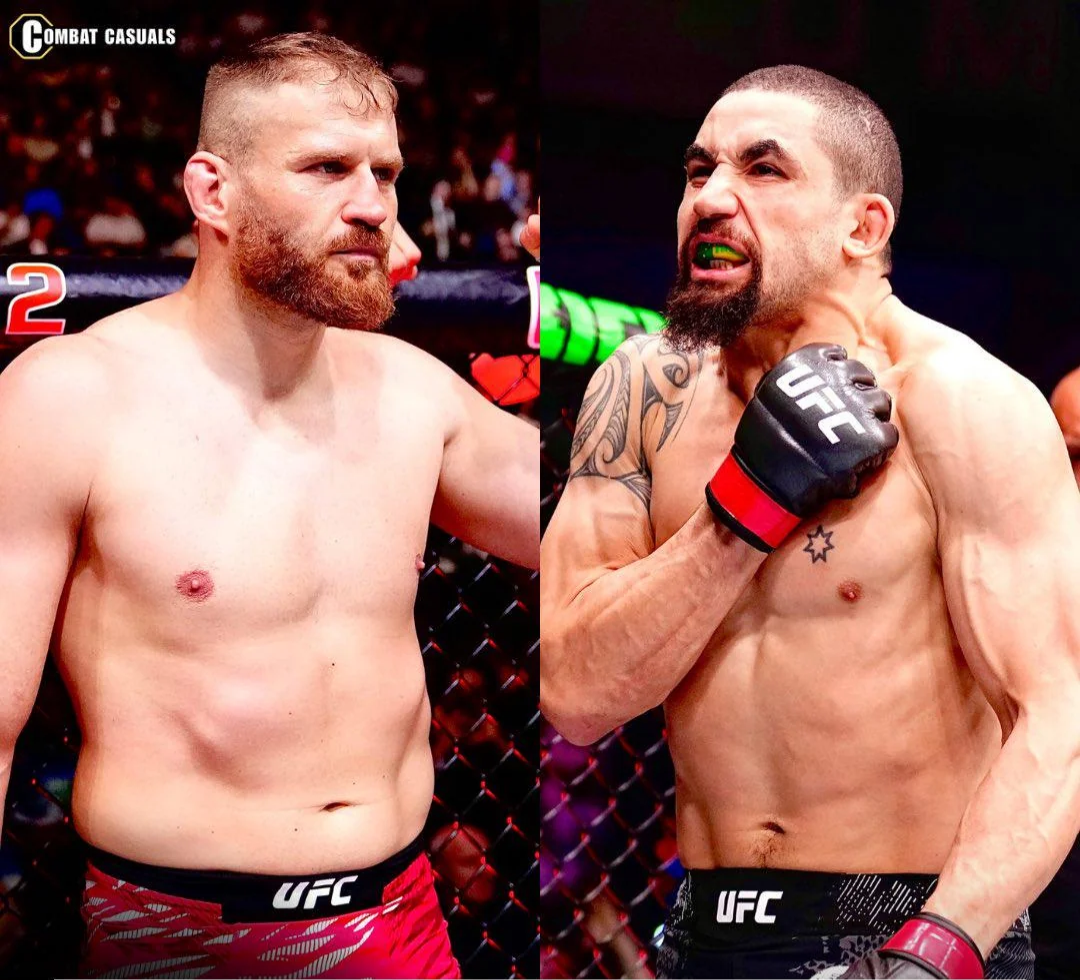 Split-screen image of two UFC fighters in the cage: left, bearded man in red shorts; right, muscular man with black shorts and green mouthguard, preparing to fight.