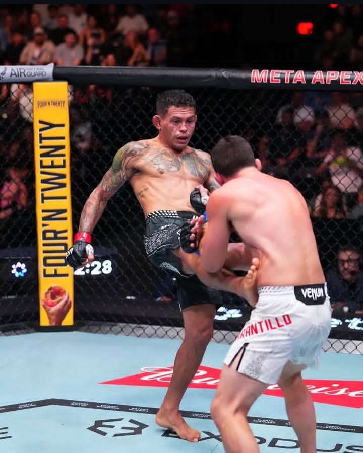 MMA fighter with tattoos delivering a kick to an opponent inside a cage during a match in a crowded arena by the octagon fence.