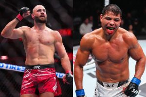 Two muscular UFC fighters stand in the octagon: left in red trunks with a raised fist; right in white trunks roaring with blue gloves.