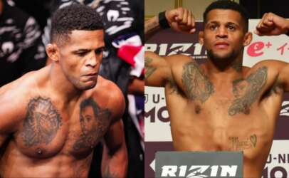 Split image of two shirtless male fighters with tattoos, left looking down and right flexing arms at a weigh-in/event backdrop.