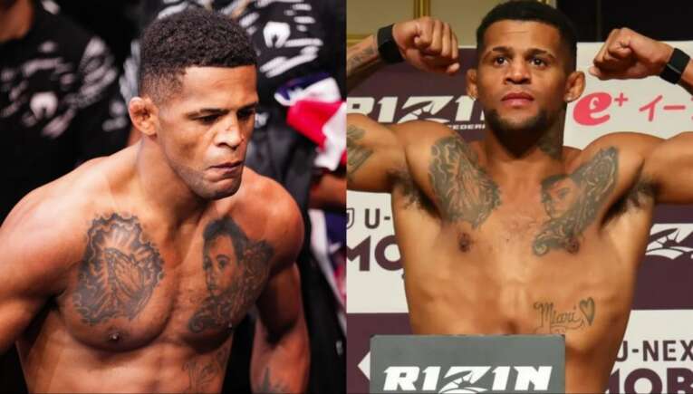 Split image of two shirtless male fighters with tattoos, left looking down and right flexing arms at a weigh-in/event backdrop.