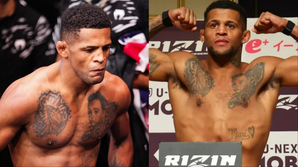 Split image of two shirtless male fighters with tattoos, left looking down and right flexing arms at a weigh-in/event backdrop.
