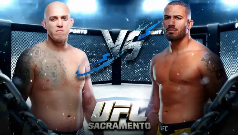 Two shirtless male UFC fighters stand facing each other inside a fenced octagon, with a prominent VS graphic and the 'UFC Sacramento' logo in the foreground.