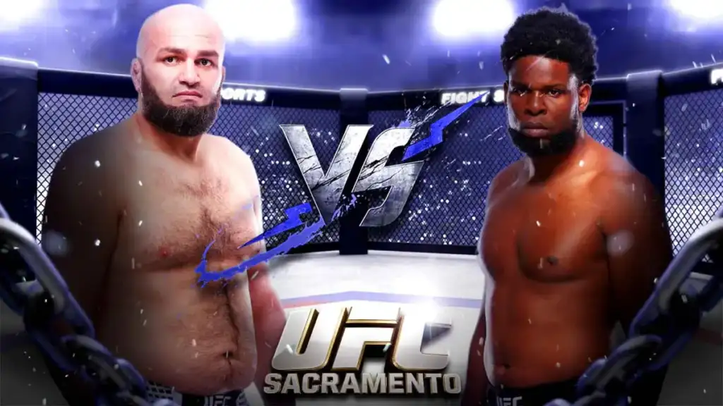 Two shirtless mixed martial artists stand facing each other inside a cage, with a bold VS logo between them and 'UFC Sacramento' at the bottom.