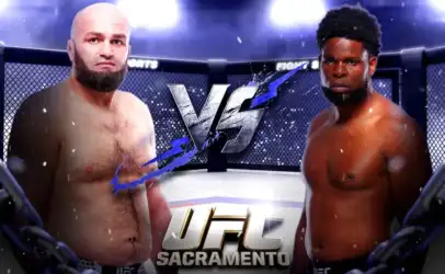 Two shirtless mixed martial artists stand facing each other inside a cage, with a bold VS logo between them and 'UFC Sacramento' at the bottom.