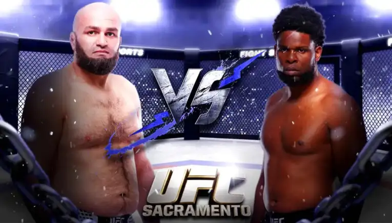 Two shirtless mixed martial artists stand facing each other inside a cage, with a bold VS logo between them and 'UFC Sacramento' at the bottom.