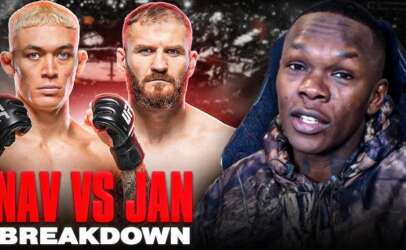Thumbnail for a fight breakdown video: two UFC fighters with gloves on the left and bold red text 'NAV VS JAN BREAKDOWN'; a man in a camo jacket speaks on the right.