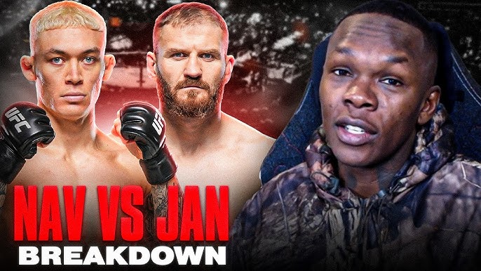 Thumbnail for a fight breakdown video: two UFC fighters with gloves on the left and bold red text 'NAV VS JAN BREAKDOWN'; a man in a camo jacket speaks on the right.