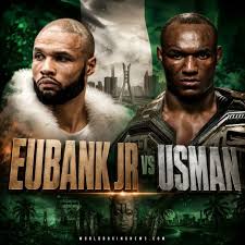 Promotional boxing poster showing Eubank Jr. vs. Usman with bold match text against a green, dark background.
