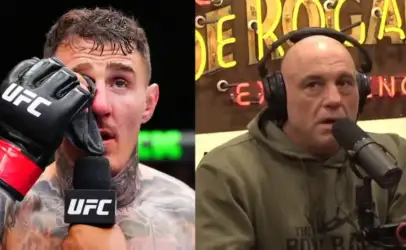 Split image of a UFC fighter in the left panel, wiping his eye with a gloved hand while speaking into a UFC-branded microphone; tattoos visible on his chest and arm.