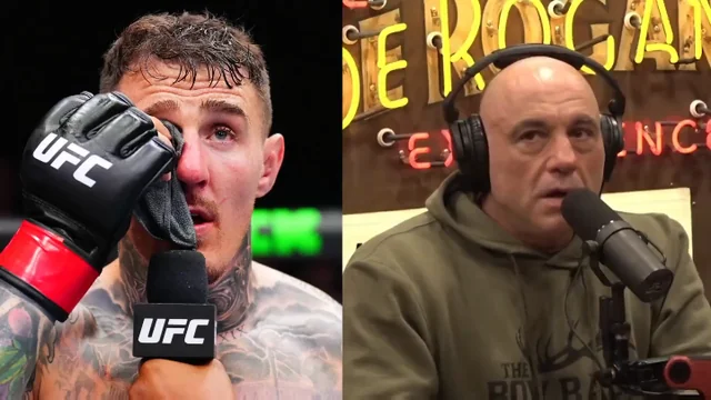 Split image of a UFC fighter in the left panel, wiping his eye with a gloved hand while speaking into a UFC-branded microphone; tattoos visible on his chest and arm.