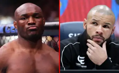 Split image of two male fighters: left, shirtless and stern; right, bearded in a black jacket, resting chin on hand.
