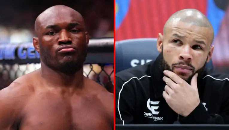 Split image of two male fighters: left, shirtless and stern; right, bearded in a black jacket, resting chin on hand.