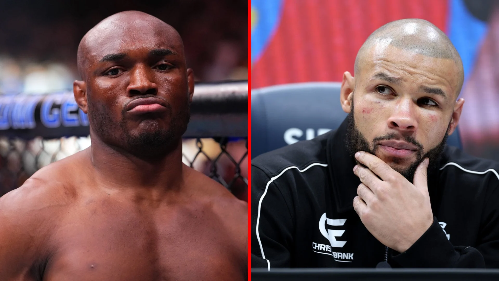 Split image of two male fighters: left, shirtless and stern; right, bearded in a black jacket, resting chin on hand.