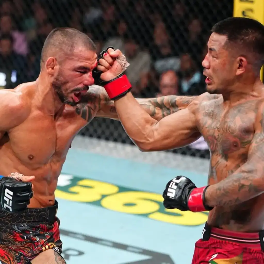 6KjCunHyEj - AfroCombat Two shirtless UFC fighters clash in the octagon; one punches the other, blood smeared on the face and a determined crowd in the background.