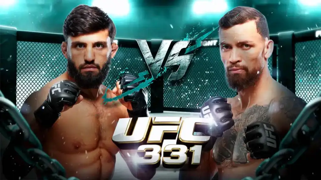 Arman-Tsarukyan-vs-Mauricio-Ruffy-prediction-odds-pick-for-UFC-331 - AfroCombat Two shirtless UFC fighters with gloves face off inside a cage, with VS and UFC 331 logos.