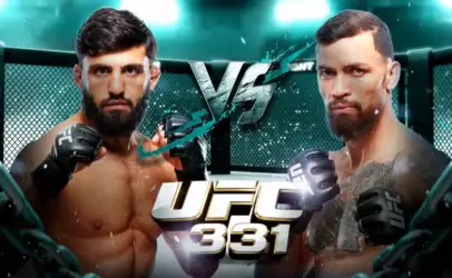 Two shirtless UFC fighters with gloves face off inside a cage, with VS and UFC 331 logos.