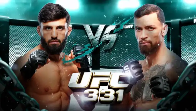 Two shirtless UFC fighters with gloves face off inside a cage, with VS and UFC 331 logos.