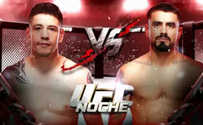 Two shirtless male fighters stand inside a mesh cage facing the camera for a match poster, with a bold VS in the center and a UFC Noche logo below.