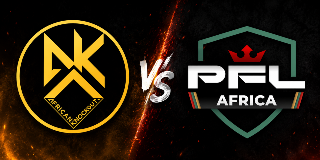 Left: gold Africa Knockout circle logo and right: PRL Africa shield logo with a bold'VS' divider on a fiery, dark background.