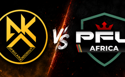 Left: gold Africa Knockout circle logo and right: PRL Africa shield logo with a bold 'VS' divider on a fiery, dark background.