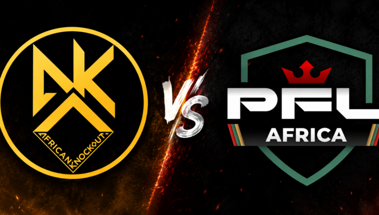 Left: gold Africa Knockout circle logo and right: PRL Africa shield logo with a bold 'VS' divider on a fiery, dark background.