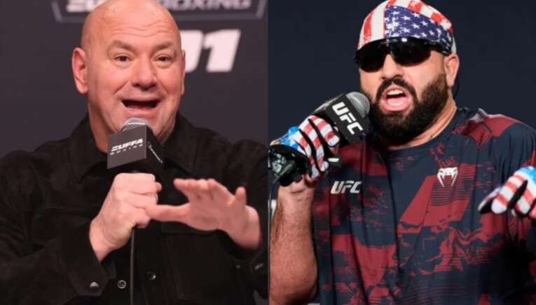 Dana White (left) and a UFC fighter wearing an American-flag bandana speak into microphones at a UFC press conference.