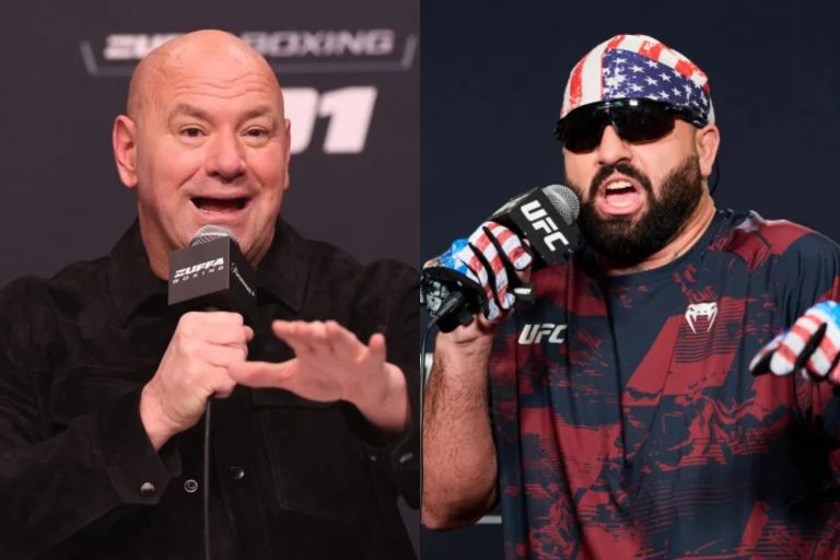Dana White (left) and a UFC fighter wearing an American-flag bandana speak into microphones at a UFC press conference.