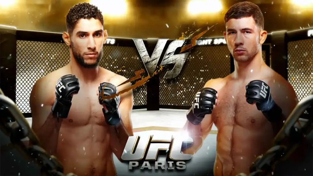 Promotional poster showing two shirtless UFC fighters facing off in a cage, with 'UFC Paris' at the bottom and a 'VS' center graphic.