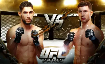 Promotional poster showing two shirtless UFC fighters facing off in a cage, with 'UFC Paris' at the bottom and a 'VS' center graphic.