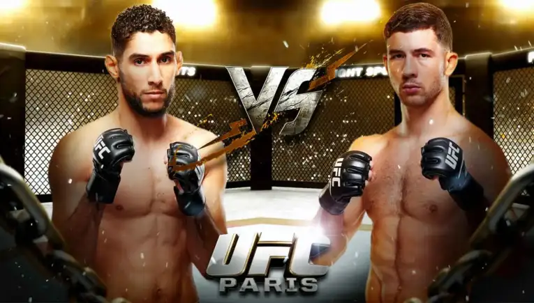 Promotional poster showing two shirtless UFC fighters facing off in a cage, with 'UFC Paris' at the bottom and a 'VS' center graphic.