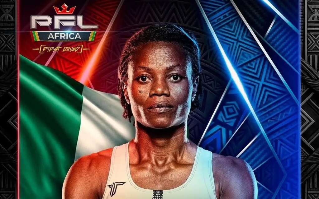 Portrait of a Black female athlete in a white top, in front of a Nigerian flag on a promo poster for RPL Africa with blue geometric background referenced to the event name.