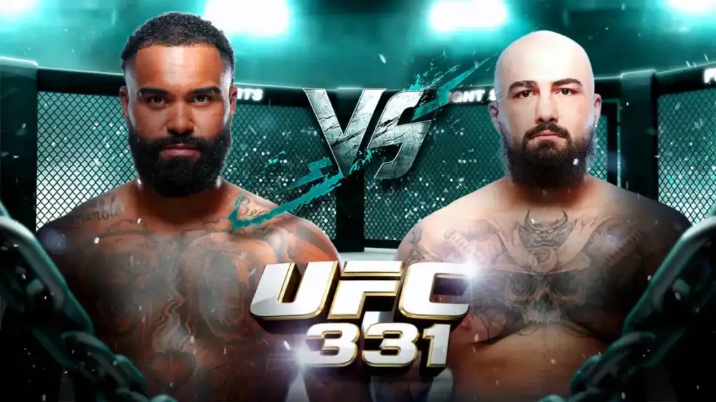 Gable-Steveson-vs-Sean-Sharaf-prediction-odds-pick-for-UFC-331 - AfroCombat Promotional UFC poster showing two bearded, shirtless fighters facing off inside a cage, with 'UFC 331' text in the foreground.