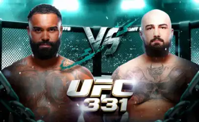 Promotional UFC poster showing two bearded, shirtless fighters facing off inside a cage, with 'UFC 331' text in the foreground.