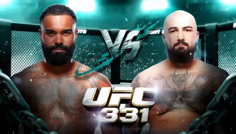 Promotional UFC poster showing two bearded, shirtless fighters facing off inside a cage, with 'UFC 331' text in the foreground.