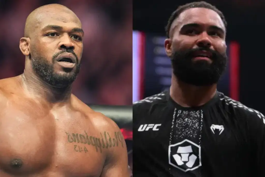 Two UFC fighters side by side: left is a bald, muscular man with a chest tattoo, right is a bearded man in a black UFC shirt.