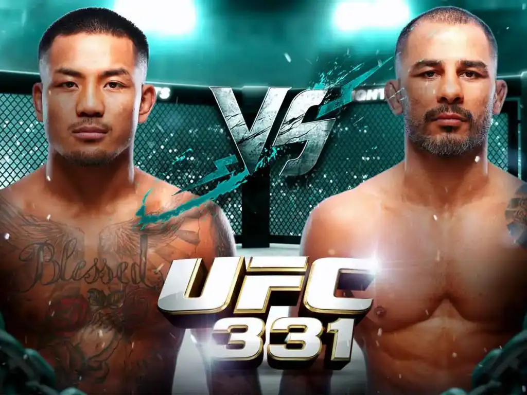 Two shirtless UFC fighters face off inside a cage with a bold 'VS' graphic and 'UFC 331' text below.