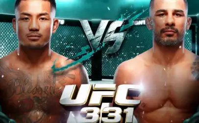 Two shirtless UFC fighters face off inside a cage with a bold 'VS' graphic and 'UFC 331' text below.