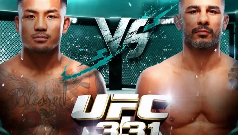 Two shirtless UFC fighters face off inside a cage with a bold 'VS' graphic and 'UFC 331' text below.