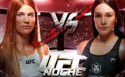 Two female UFC fighters face off in a cage, with a bold VS graphic between them and 'UFC Nacht' text at the bottom.