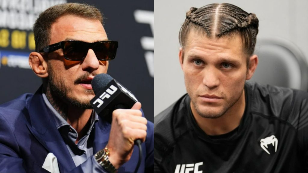 Two UFC fighters side by side: left, man in sunglasses speaking into a UFC microphone; right, man with braided hair in a black UFC shirt.