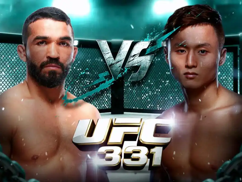 Promotional poster showing two shirtless fighters facing off inside a cage with a bold VS and UFC 331 text.