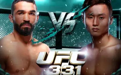 Promotional poster showing two shirtless fighters facing off inside a cage with a bold VS and UFC 331 text.